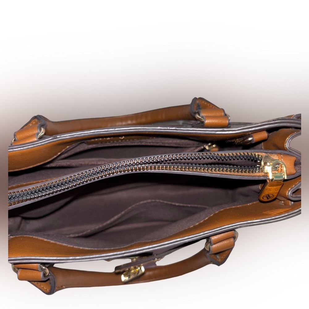 Adrienne Vittadini Chocolate Brown & Cognac Stripe Satchel w/ Gold Lock Detail - Picture 4 of 9